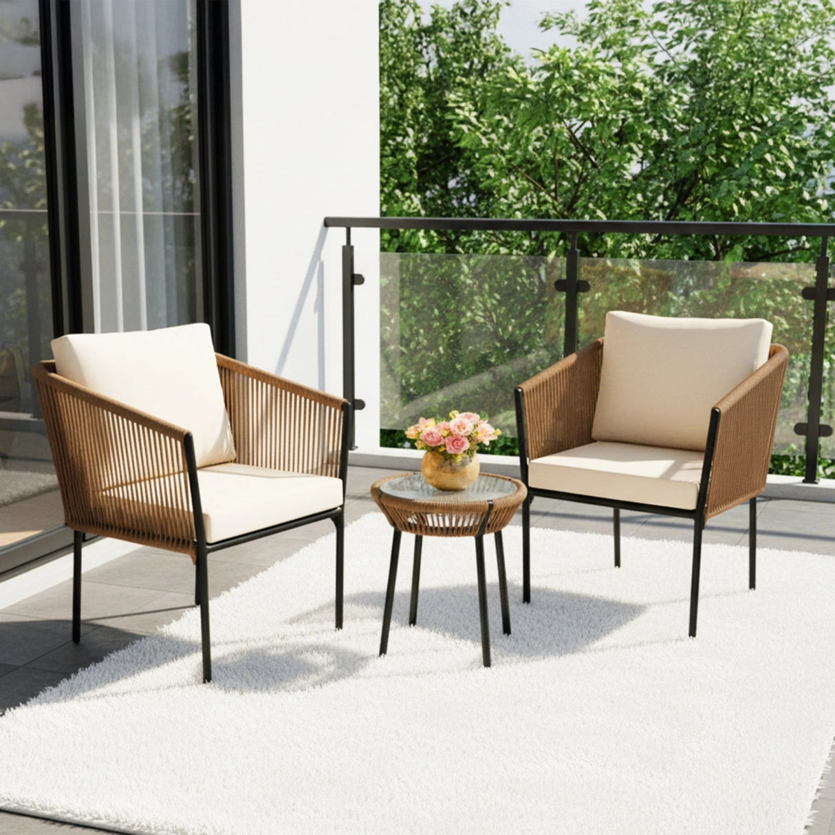 Outdoor Rope Patio Set with Glass Top Table