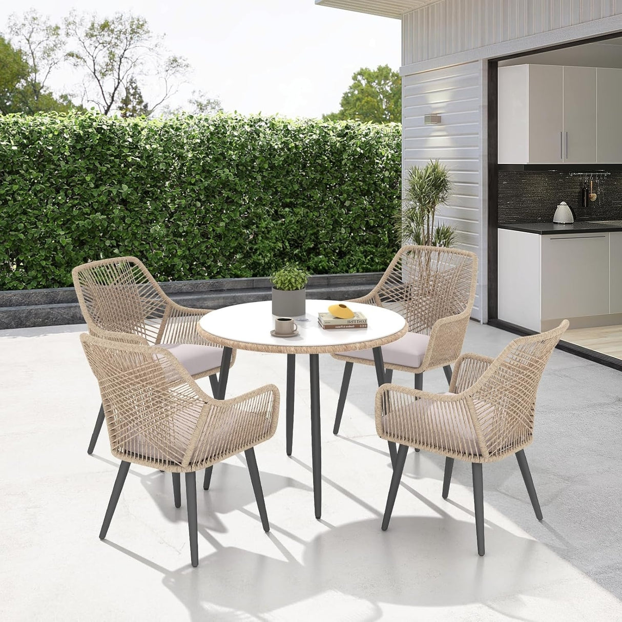 5-Piece Outdoor Patio Dining Set with Rope Chairs & Glass Top Table
