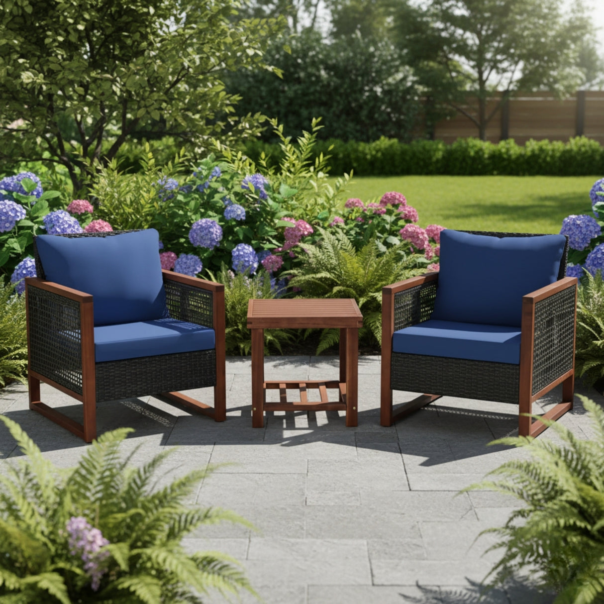 Outdoor Wicker 3-Piece Patio Furniture Set with Solid Wooden Frames (Dark Brown & Blue)