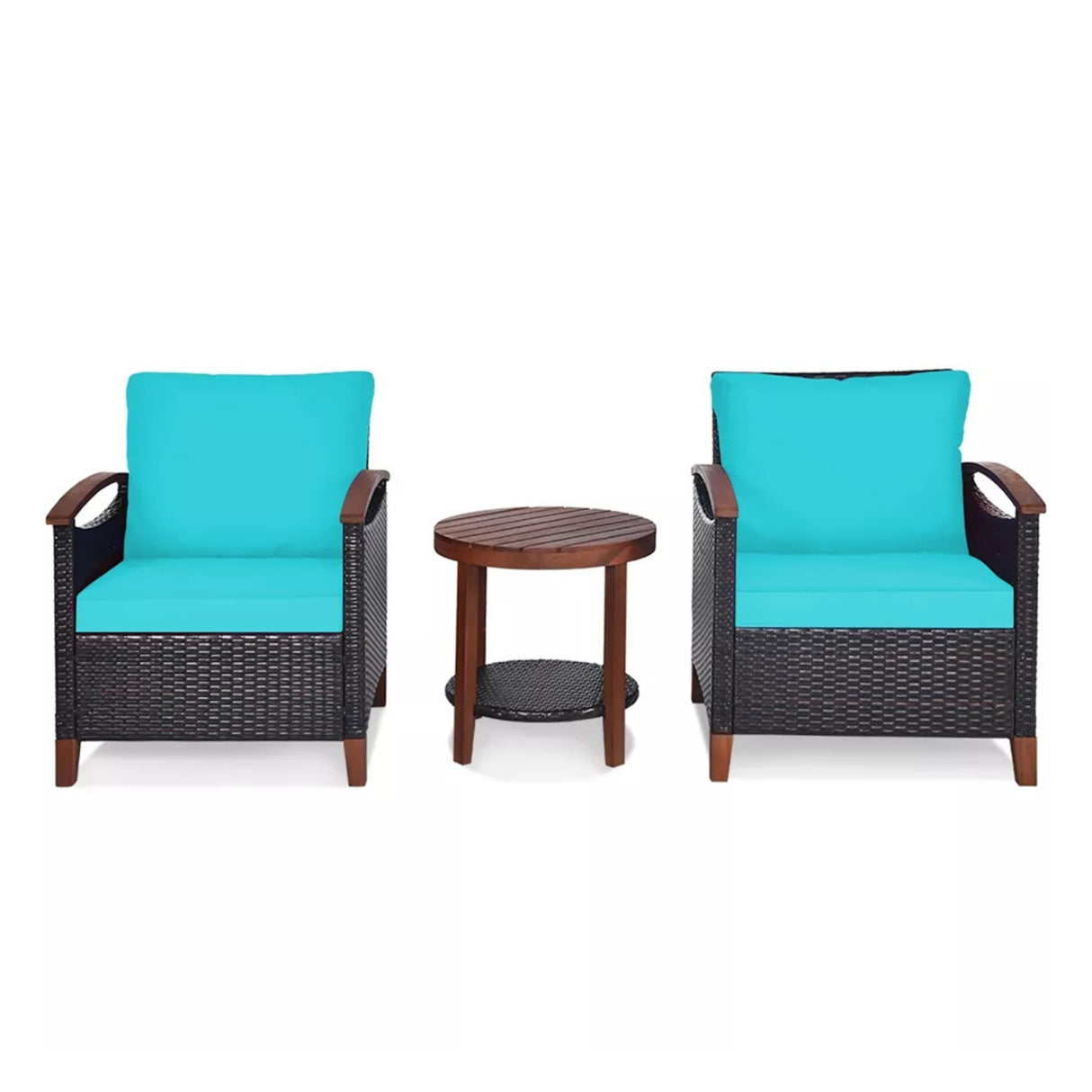 3-Piece Outdoor Wicker Patio Conversation Set (Dark Brown & Sky-Blue)