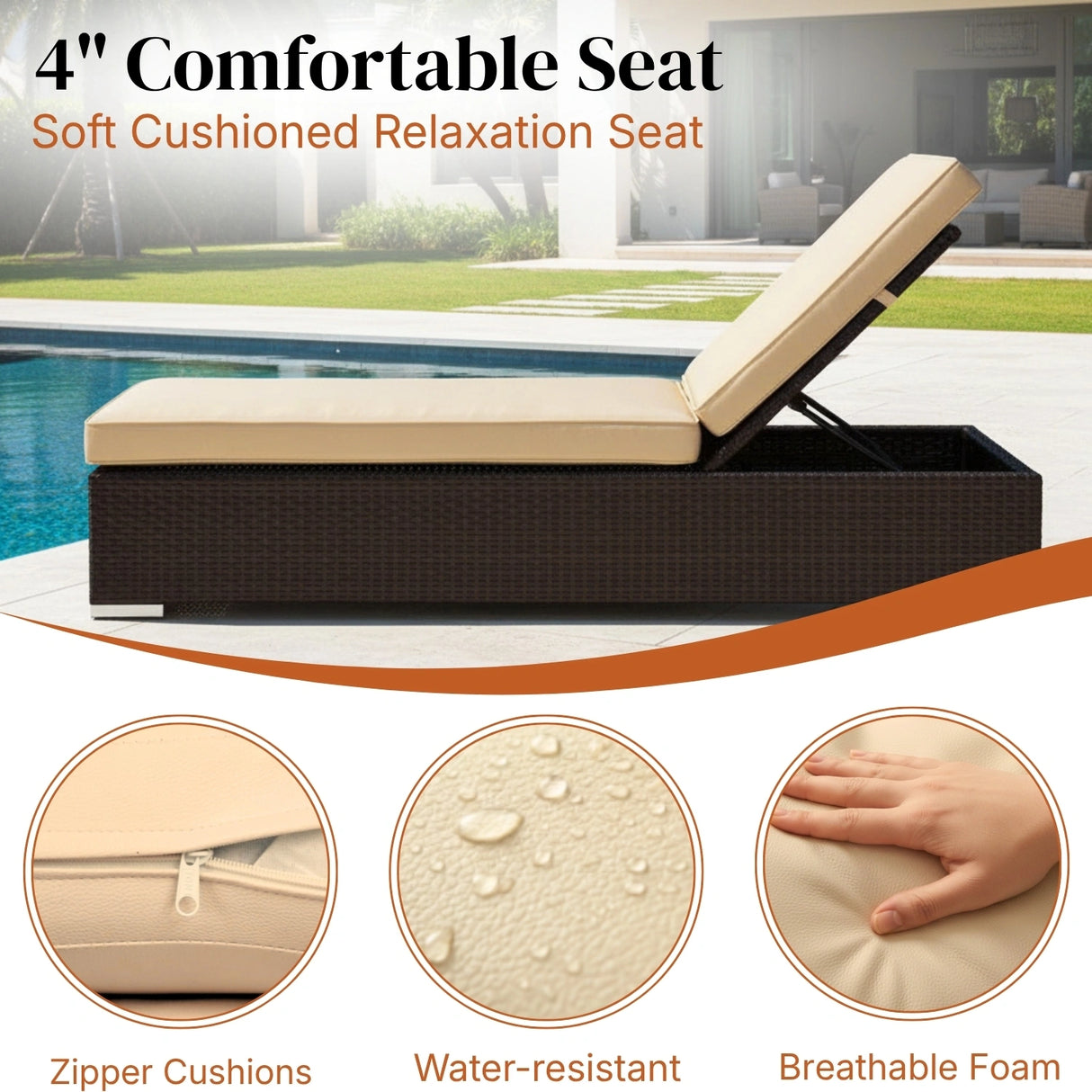 Outdoor All-Weather Rattan Wicker Lounger (Dark Brown & Cream)