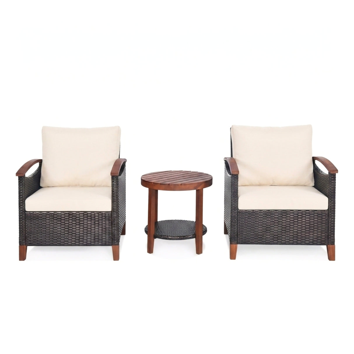 3-Piece Outdoor Wicker Patio Conversation Set (Dark Brown & Cream)