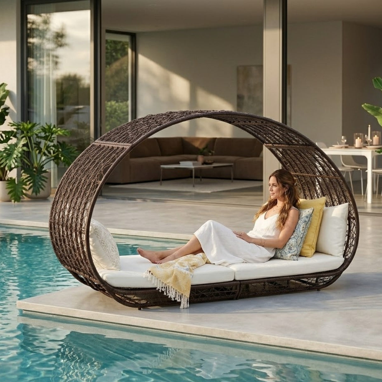 Outdoor Rattan Wicker Daybed with Oval-Shaped Canopy Frame (Dark Brown & Off-White)