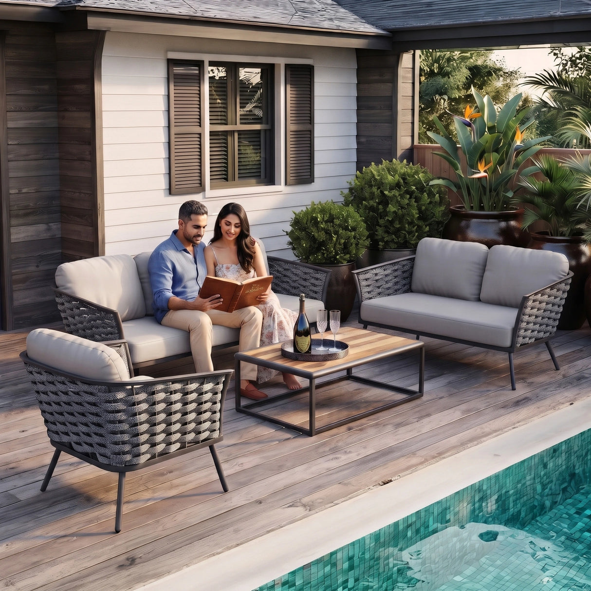 4 Piece Outdoor Rope Sofa Set with Wooden Top Table