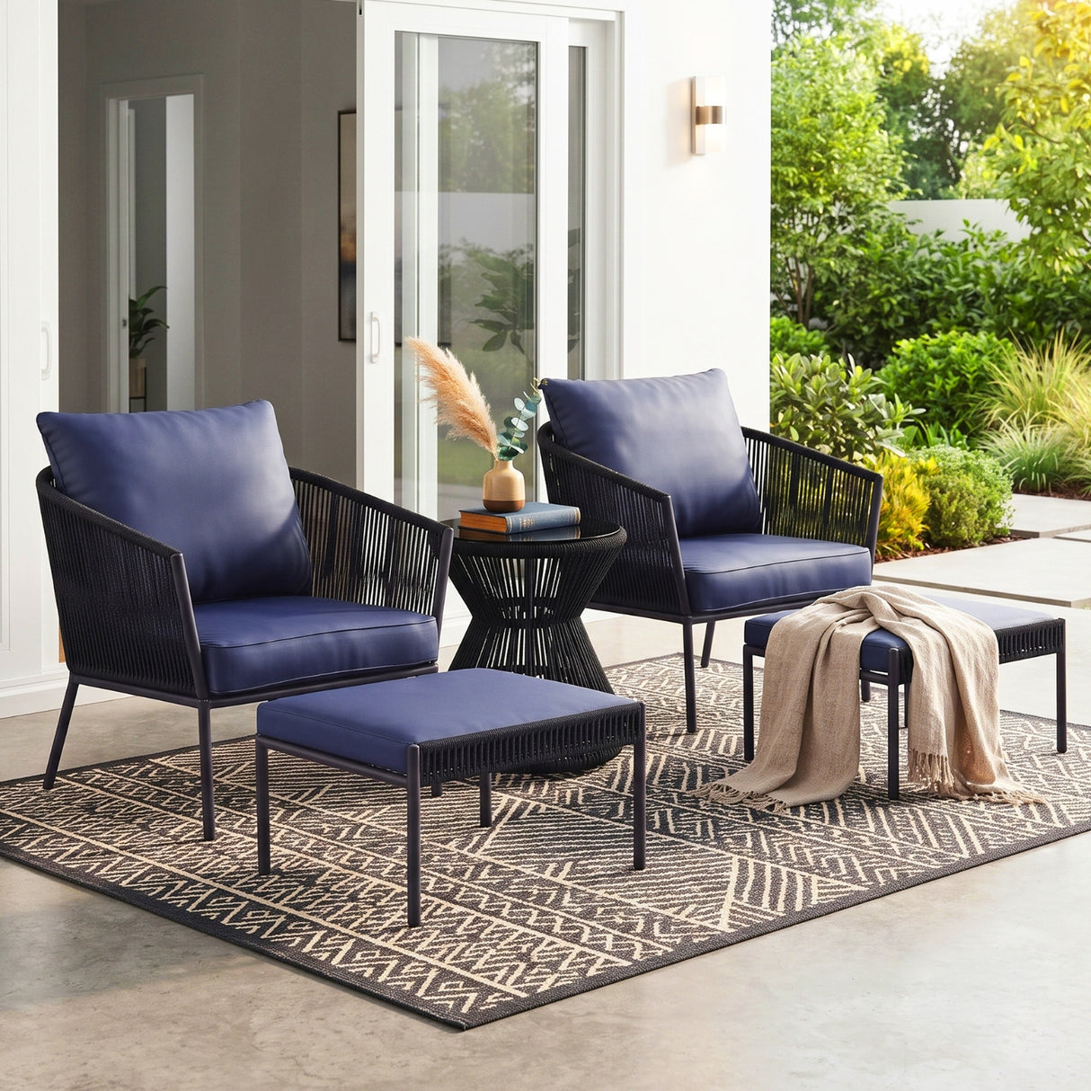 Outdoor 5 Piece Rope Patio Sofa Set (Black & Navy-Blue)