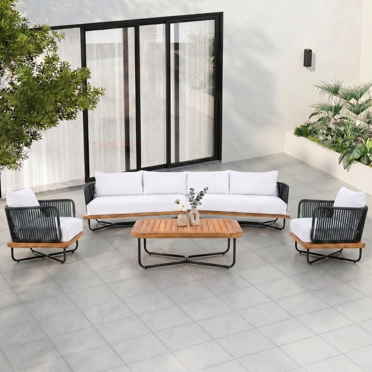 Outdoor Rope Sofa Set with Wooden Base & Teak Finish Coffee Table (Black & Off-White)