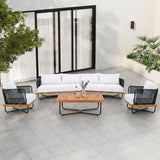 Outdoor Rope Sofa Set with Wooden Base & Teak Finish Coffee Table (Black & Off-White)