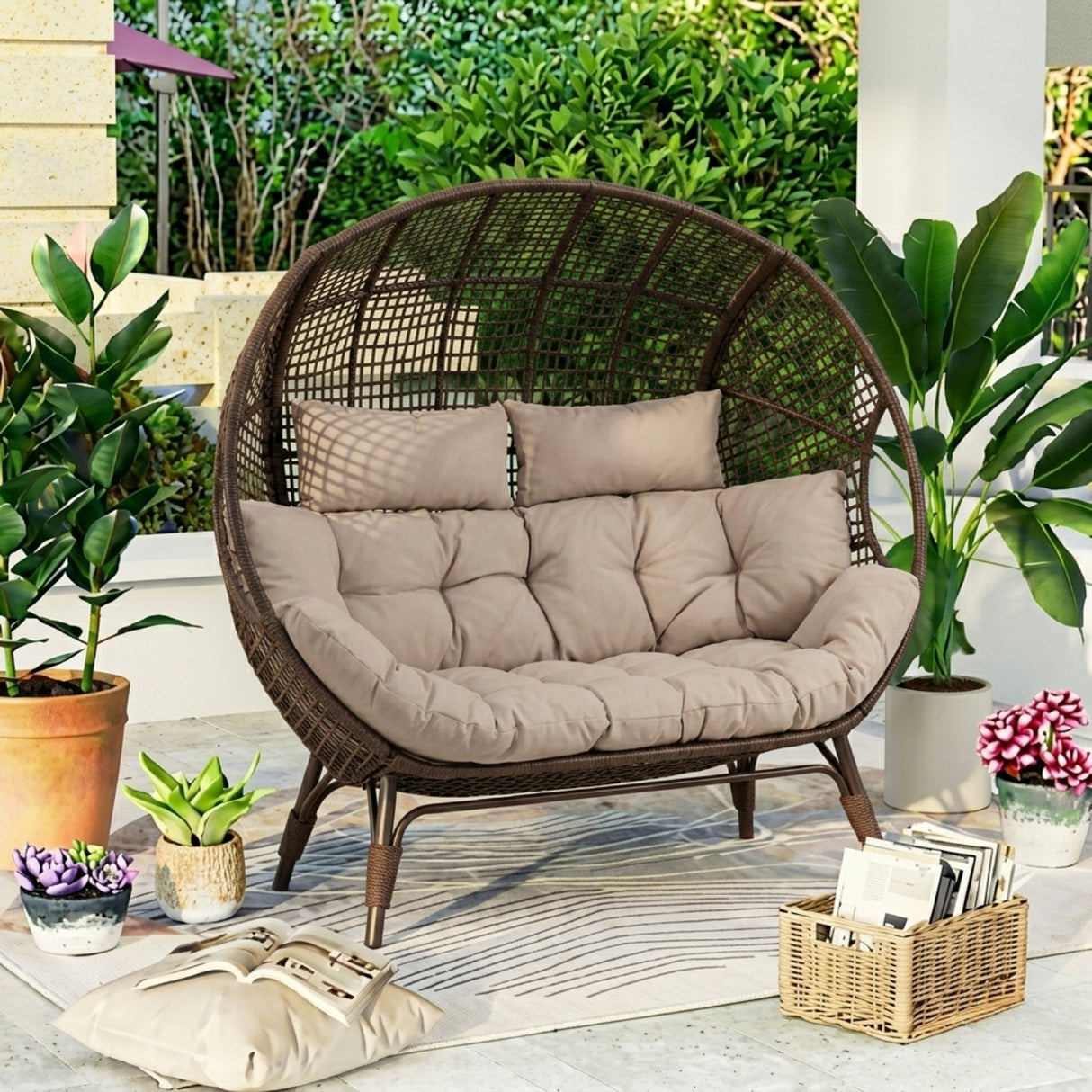 Outdoor Rattan Wicker Double Seater Egg Chair (Dark Brown & Cream)