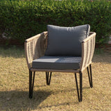 Outdoor Rope 4-Piece Patio Sofa Set with Glass Top Table (Beige & Dark Grey)