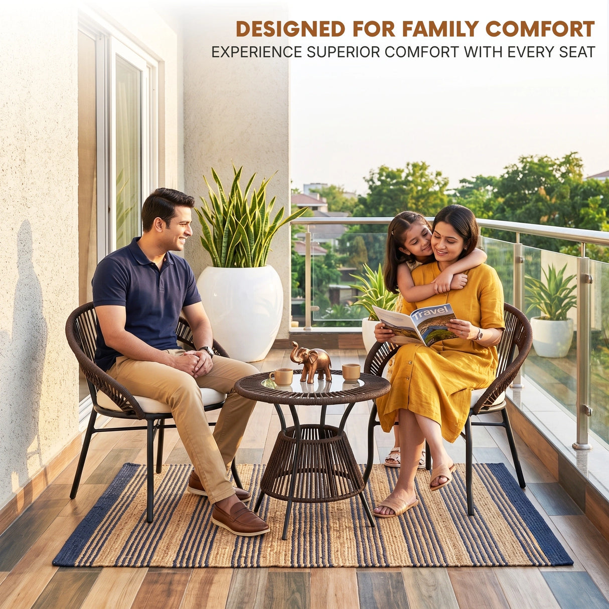 Outdoor Rope 3 Piece Patio Bistro Set (Dark Brown & Cream)
