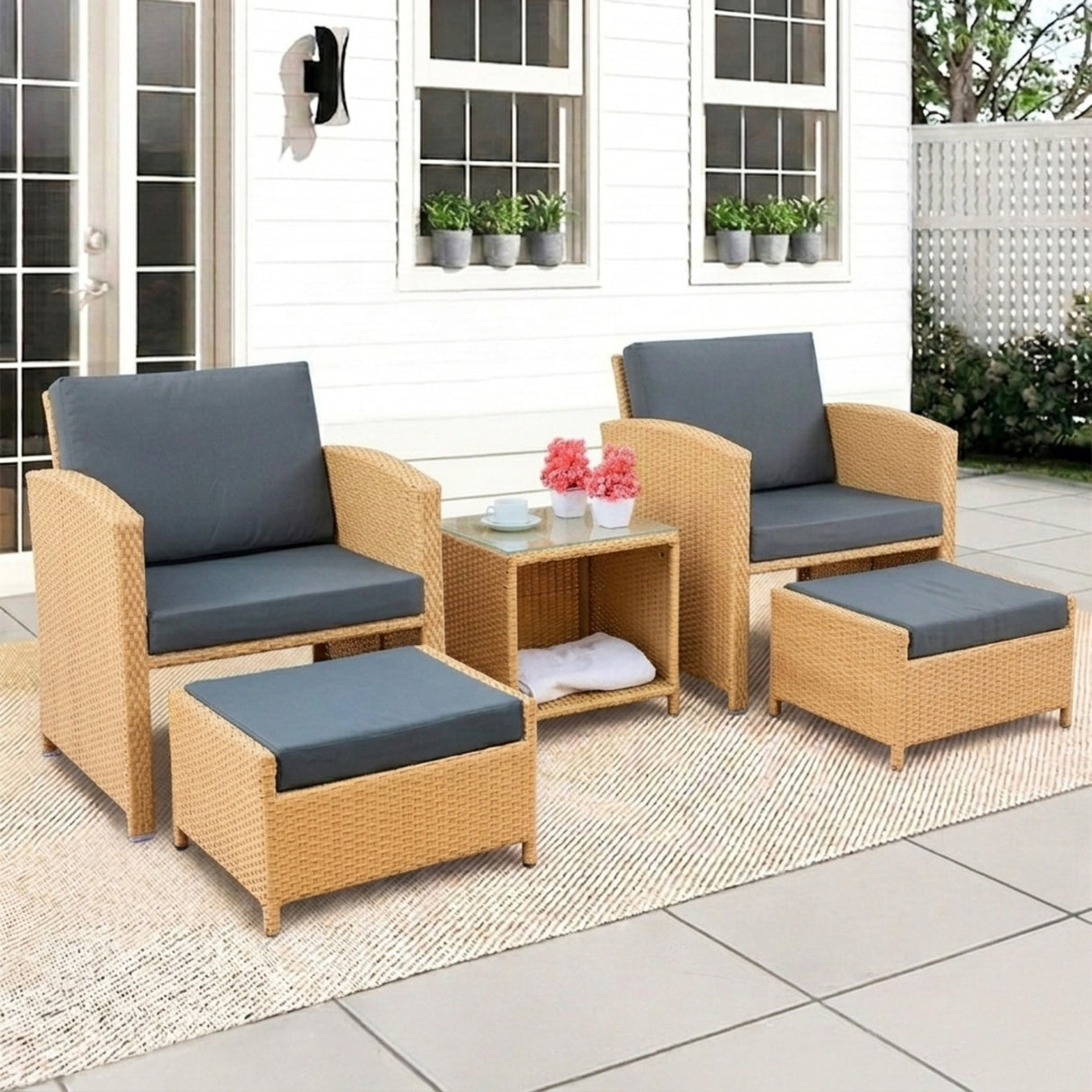 Outdoor 5 Piece Patio Wicker All Weather Sectional Furniture Set