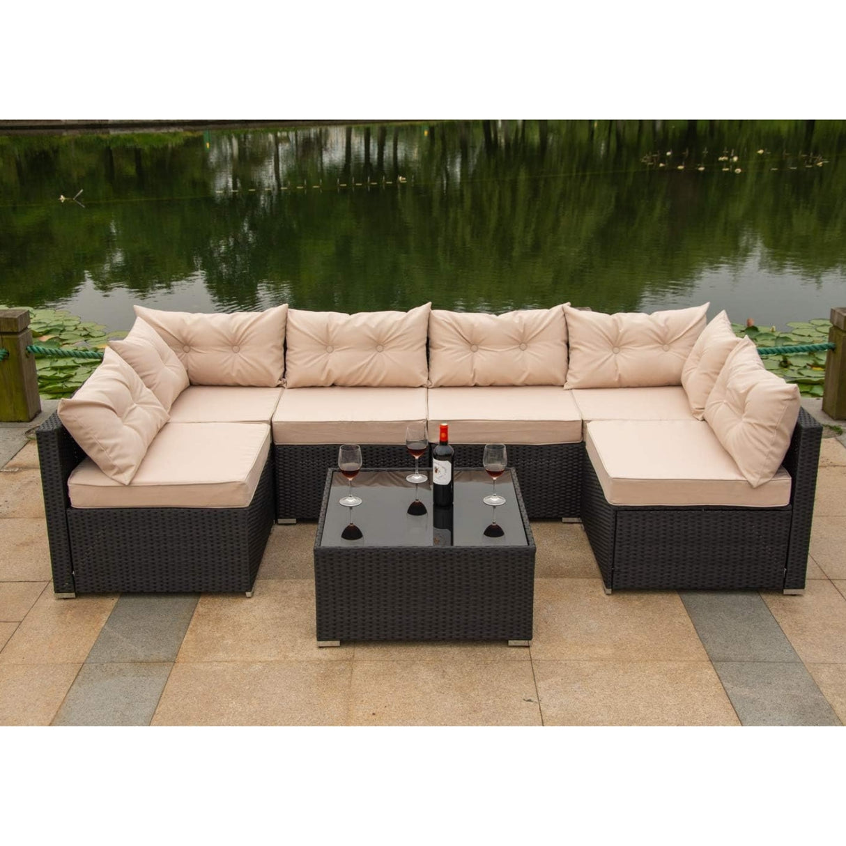 6-Seater Outdoor Garden Conversation Sofa Set (Dark Brown & Cream)