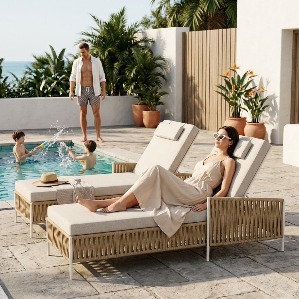 Outdoor Rope Lounger Set of 2 (Beige & Cream)