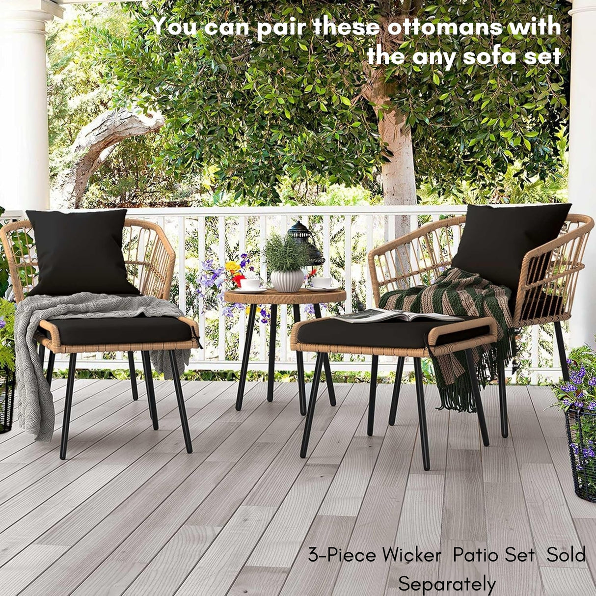 Set of 2 Wicker Ottomans, Multipurpose Outdoor Furniture