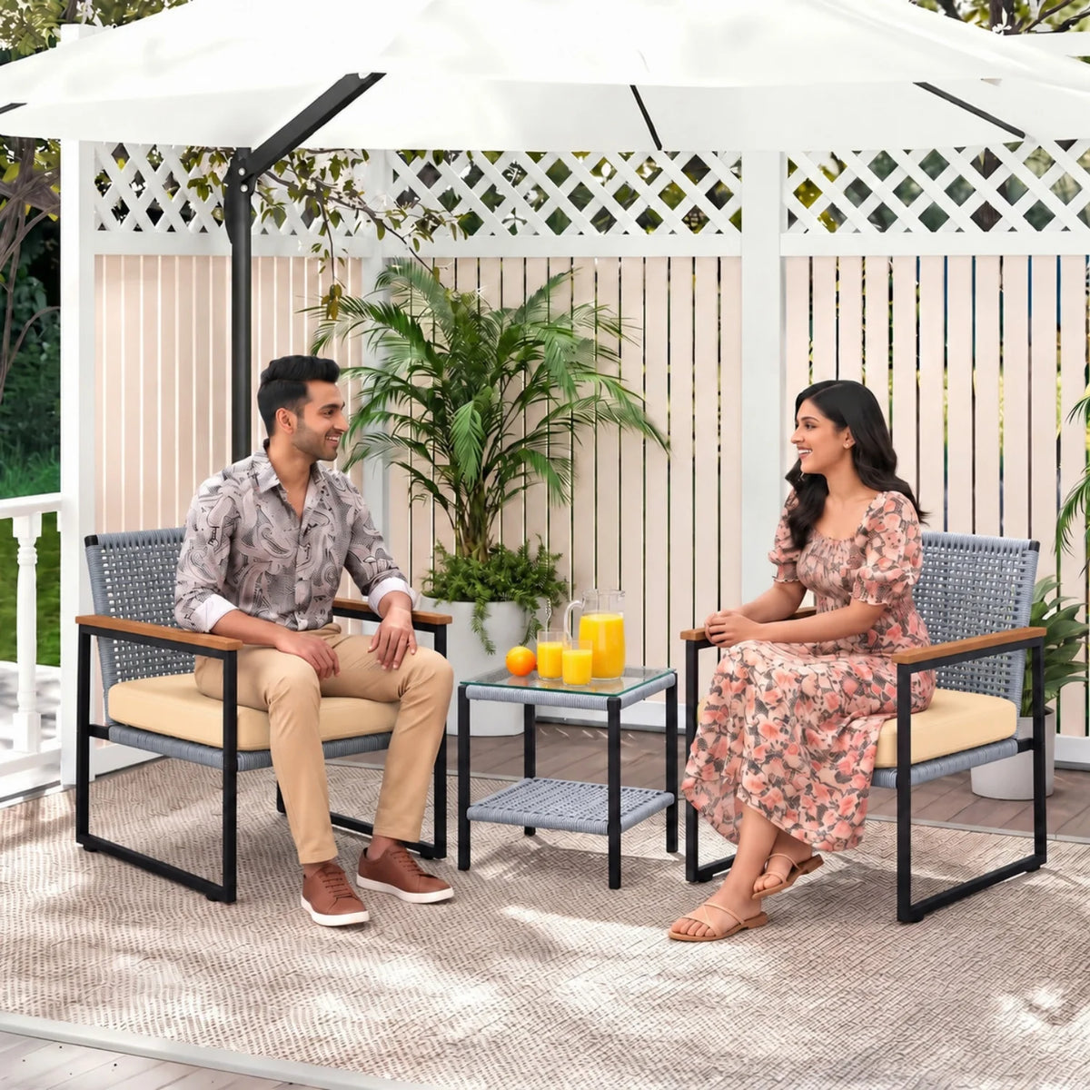 Outdoor 3-Piece Wicker Patio Set(Silver & Cream)