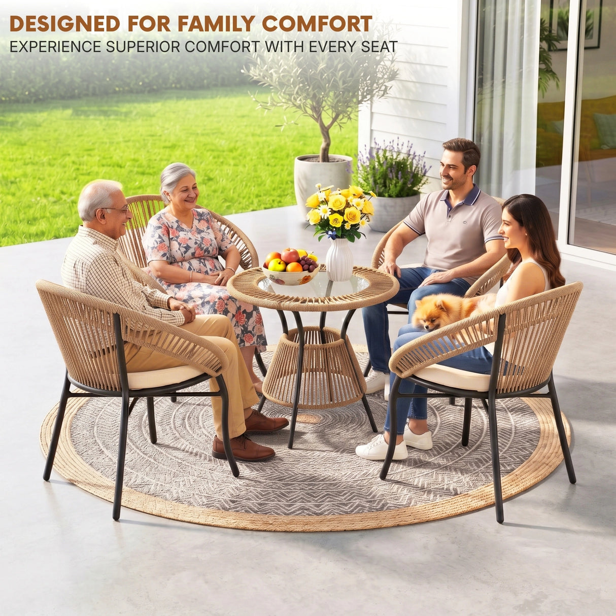 Outdoor 4-Seater Patio Rope Conversation Set (Beige & Cream)