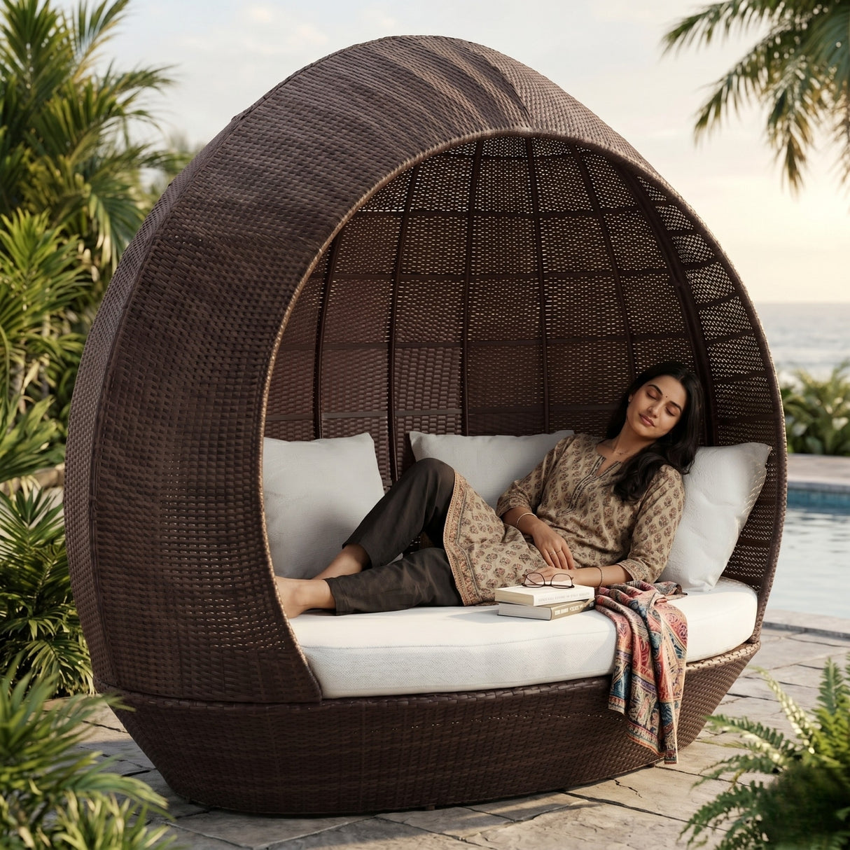 Outdoor Rattan Wicker Egg-Shaped Daybed (Dark Brown Wicker & Off-White)
