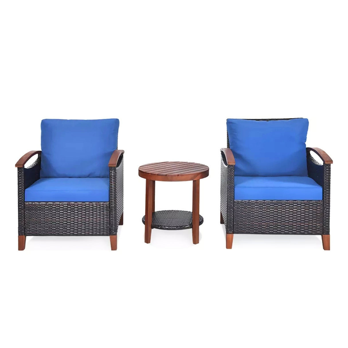 3-Piece Outdoor Wicker Patio Conversation Set (Dark Brown & Blue)