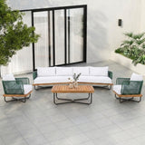 Outdoor Rope Sofa Set with Wooden Base & Teak Finish Coffee Table (Green & Off-White)