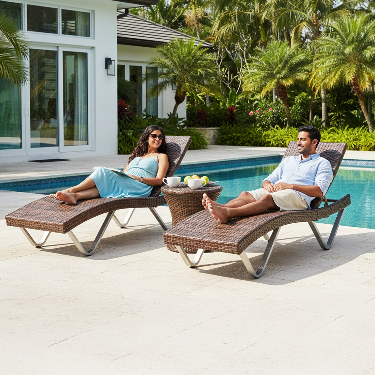 Outdoor Rattan Wicker Lounge Chairs Set of 2 with Matching Side Table