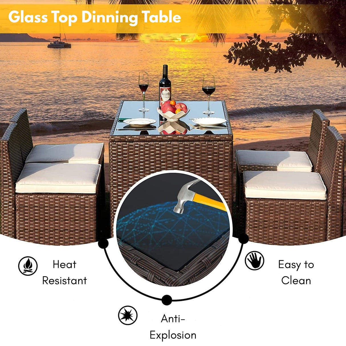 5-Piece Outdoor Patio Dining Set with Square Glass Tabletop