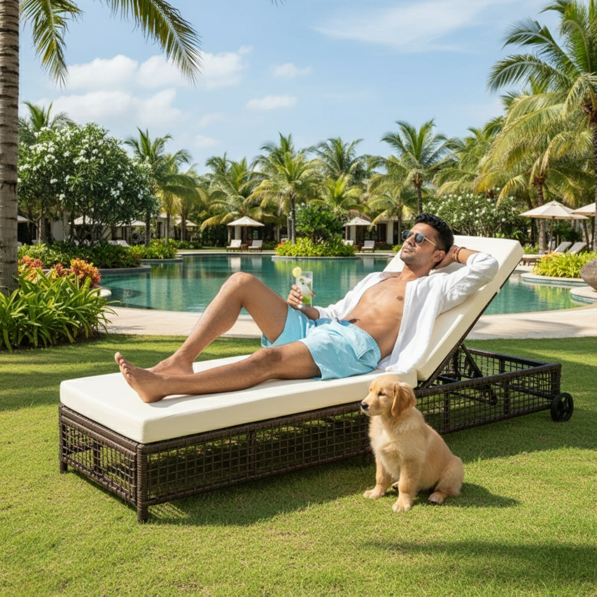 Outdoor Wicker Rattan Lounger Set of 2 with Patio Umbrella (Dark Brown & Off-White)