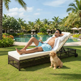 Outdoor Wicker Rattan Lounger Set of 2 with Patio Umbrella (Dark Brown & Off-White)