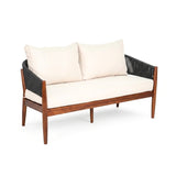 Outdoor Rope Sofa Set with  Round Slatted Coffee Table (Black & Off-White)