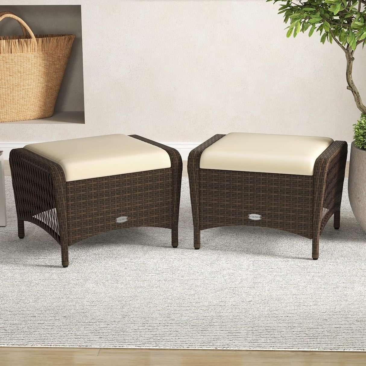 2-Piece Outdoor Rattan Wicker Ottoman Set