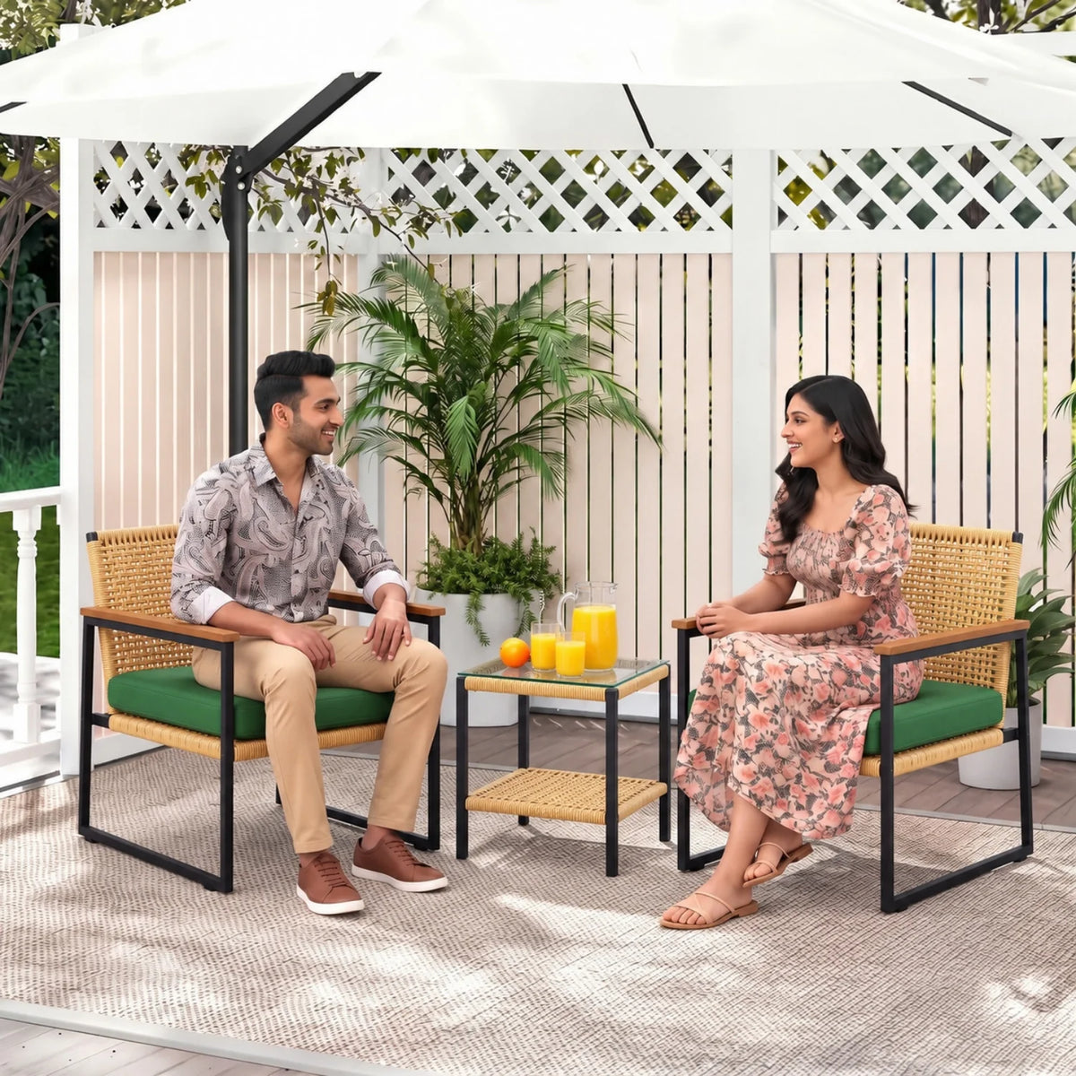 Outdoor 3-Piece Wicker Patio Set(Beige & Green)