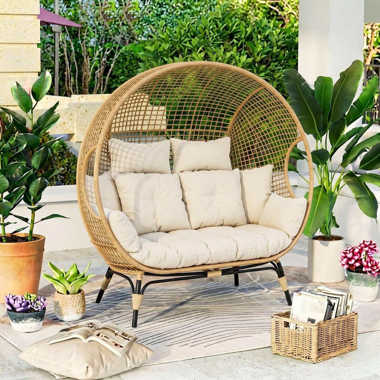 Outdoor Rattan Wicker Double Seater Egg Chair (Beige & Cream)