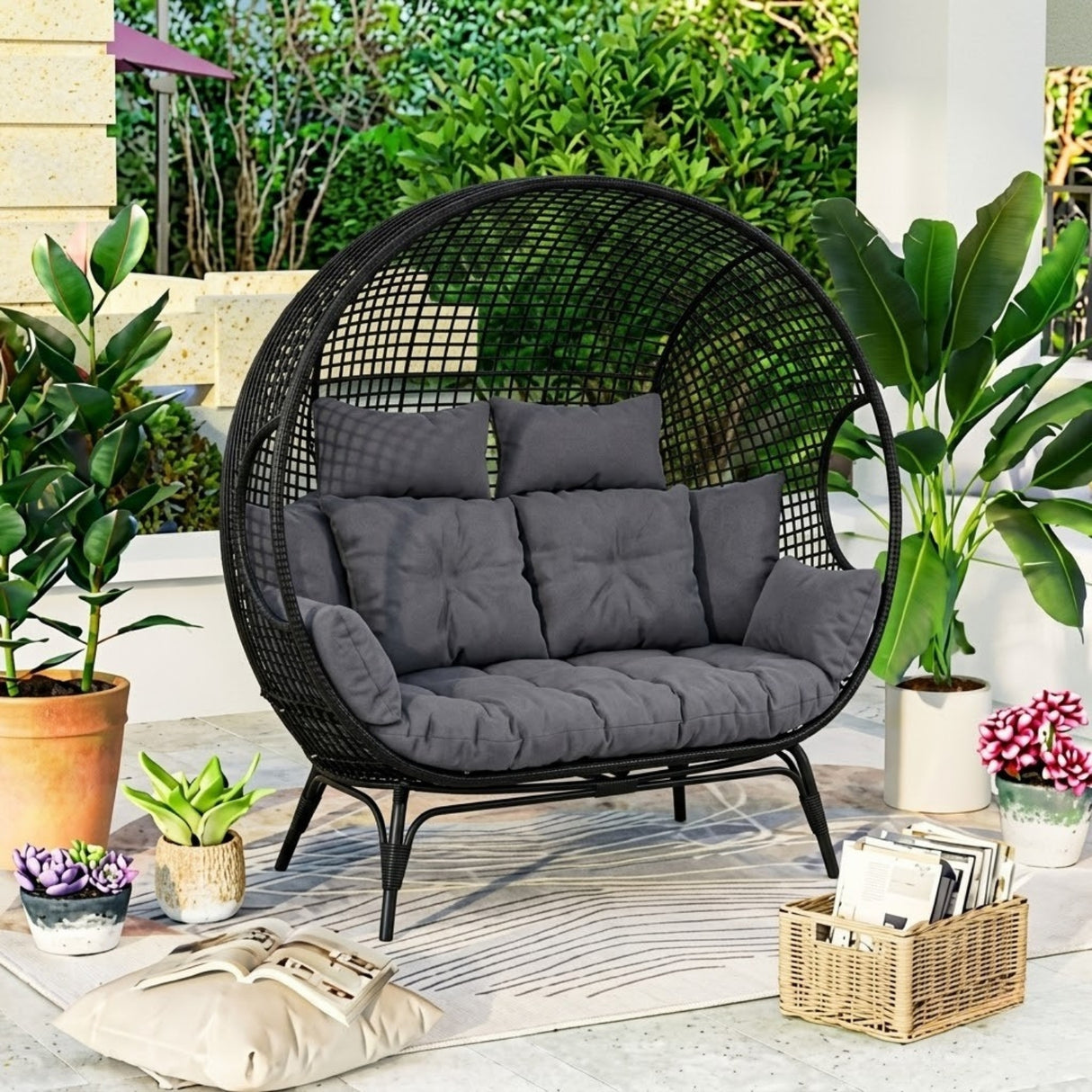 Outdoor Rattan Wicker Double Seater Egg Chair (Black & Dark Grey)