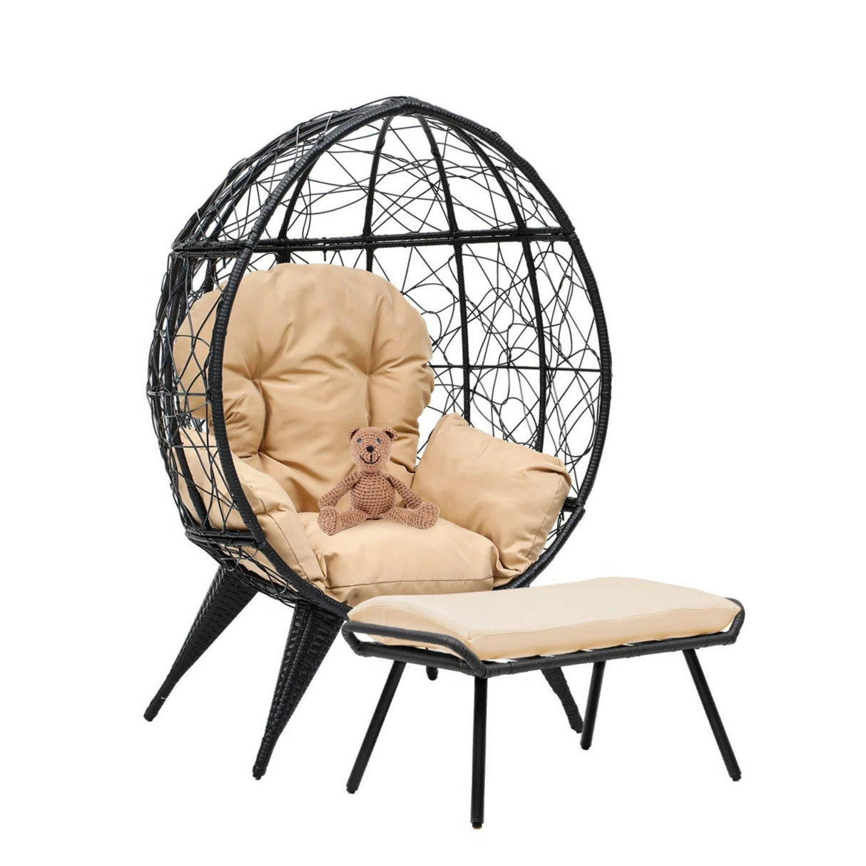 Outdoor Wicker Egg Chair with Ottoman (Black & Beige)
