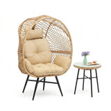 Outdoor Wicker Egg Chair with Glass Top Side Table (Beige & Cream)
