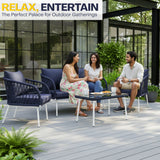 Outdoor Rope 4-Seater Sofa Set with Glass Top Table (Navy-blue & Royal Blue)