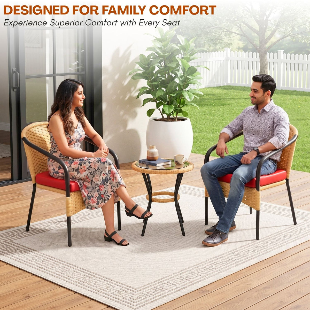 3 Piece Outdoor Wicker Patio Furniture Set (Beige & Red)