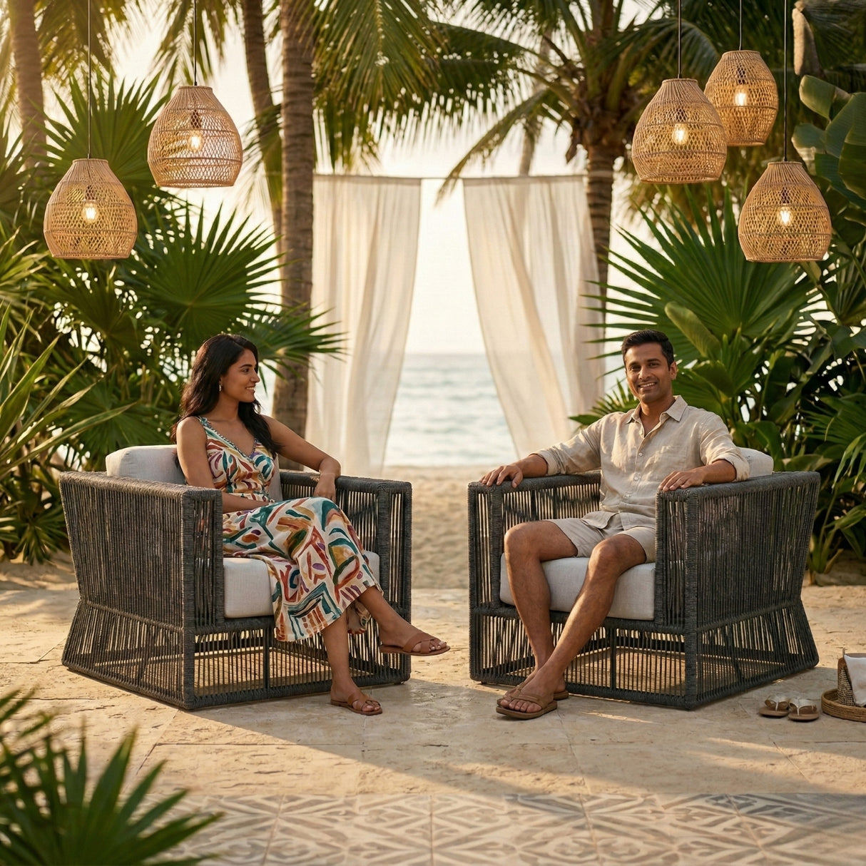 2-Piece Outdoor Rope Sofa Chairs (Grey & Off-White)