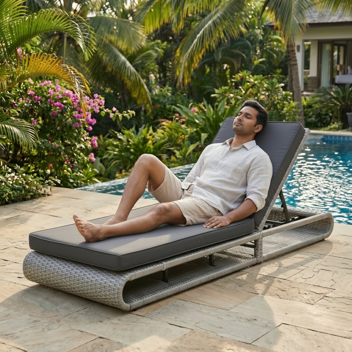 Outdoor Rattan Wicker Single Lounger Chair (Silver Grey & Dark Grey)