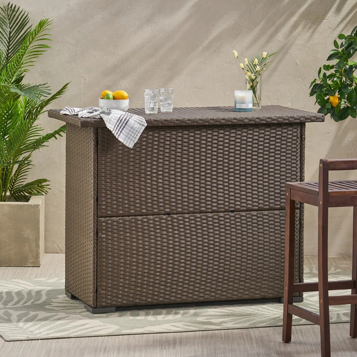 Outdoor Rattan Wicker Bar Table With Storage Selves