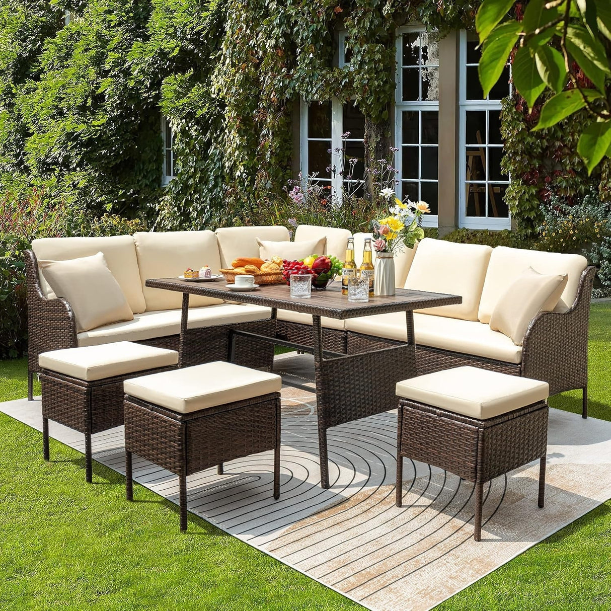 6 Piece Outdoor Patio Furniture Set (Dark Brown & Cream)