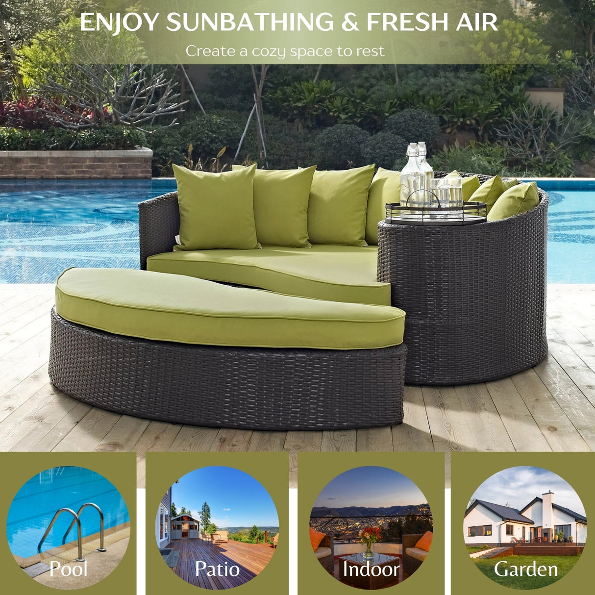 Outdoor Rattan Wicker Daybed (Dark Brown & Green)