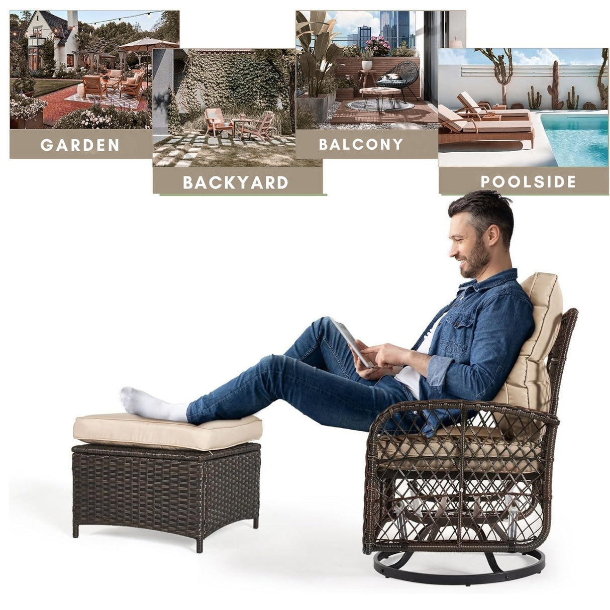 Set of 2 Outdoor Rattan Wicker Ottomans