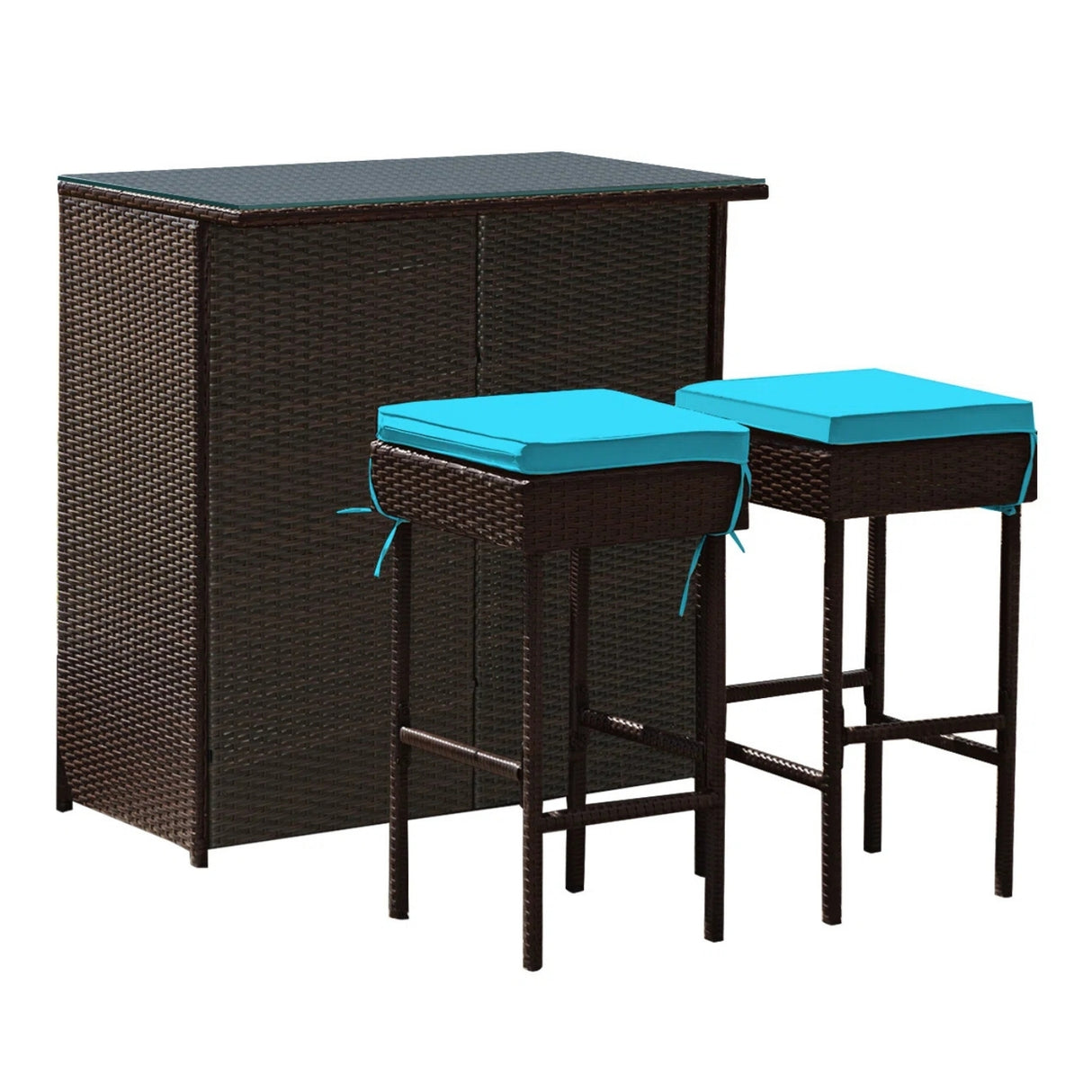 Outdoor Wicker Bar Set with Glass Top, 2 Cushioned Stools