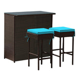 Outdoor Wicker Bar Set with Glass Top, 2 Cushioned Stools