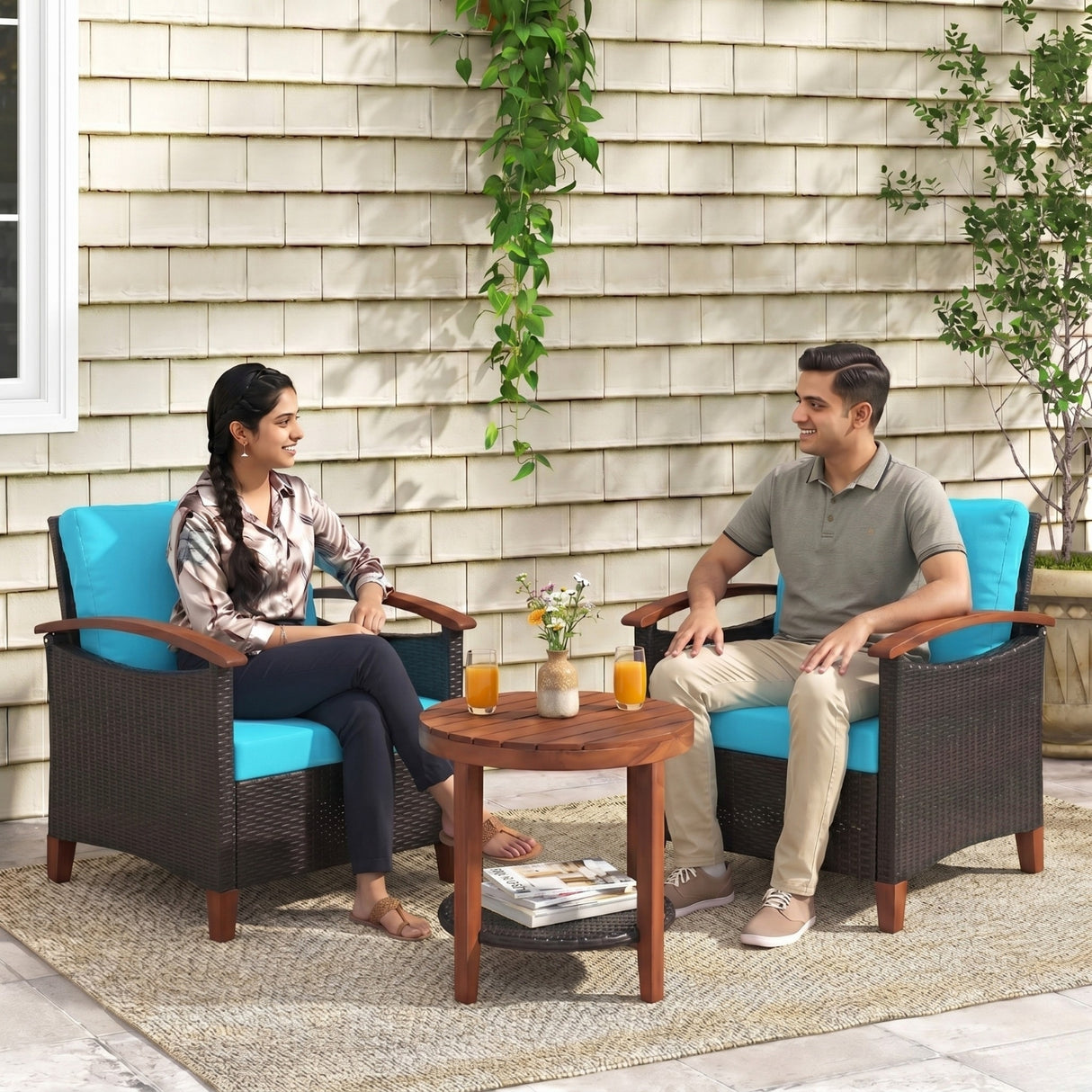 3-Piece Outdoor Wicker Patio Conversation Set (Dark Brown & Sky-Blue)
