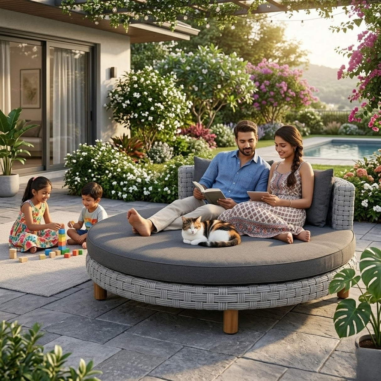 Outdoor All-Weather Rattan Wicker Round Daybed (Silver Grey & Dark Grey)