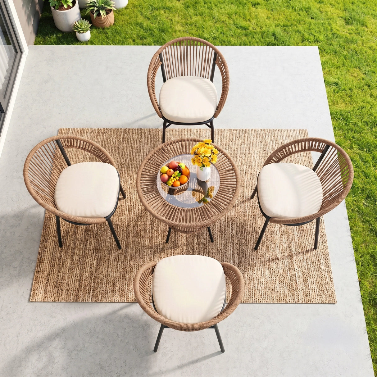 Outdoor 4-Seater Patio Rope Conversation Set (Beige & Cream)