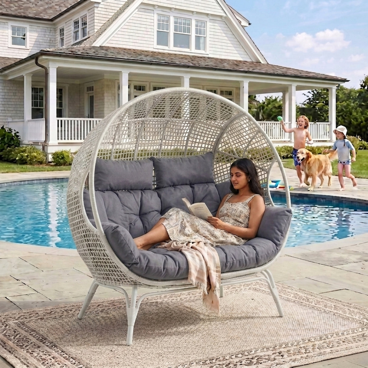 Outdoor Rattan Wicker Double Seater Egg Chair (White & Grey)