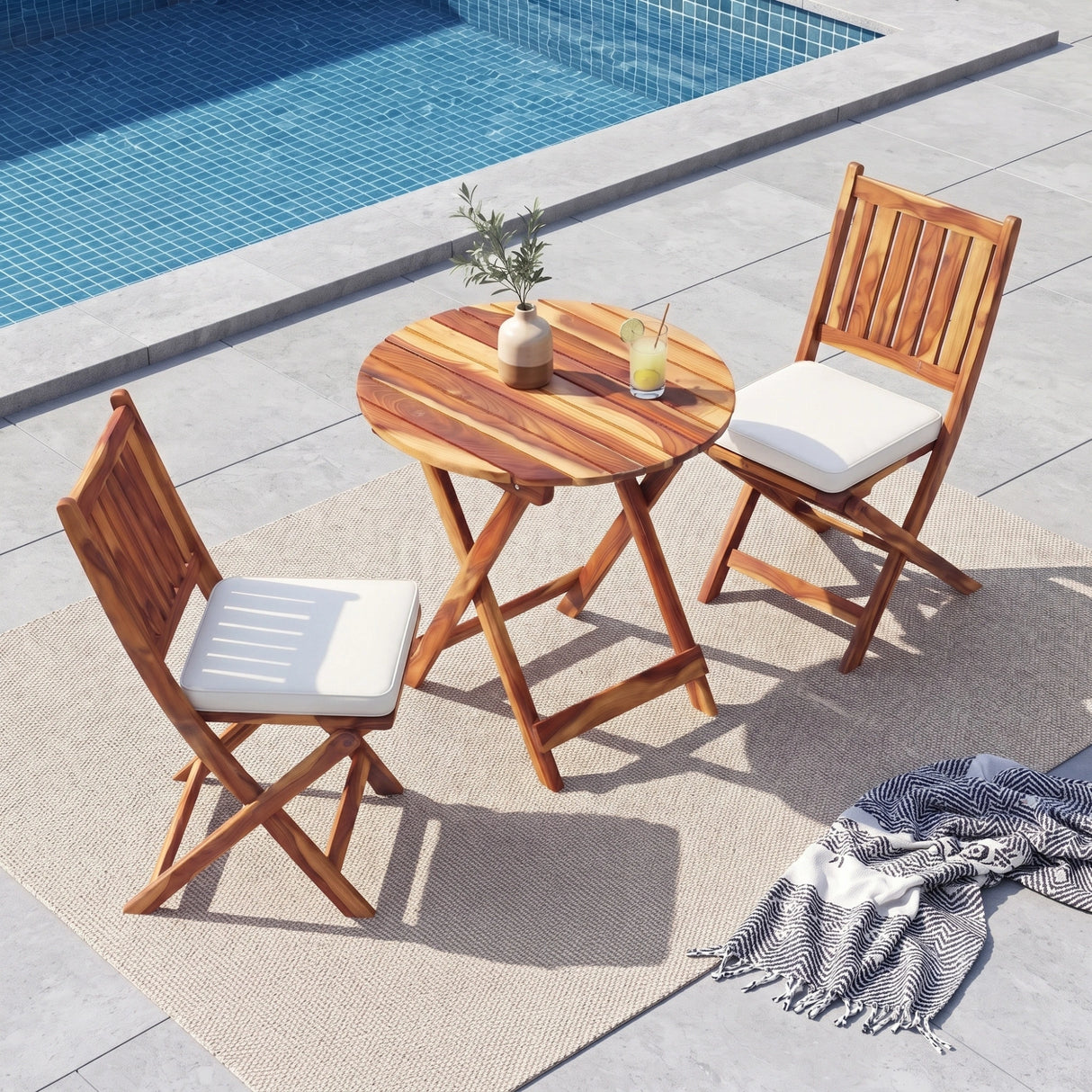 Acacia Wood Foldable Outdoor Bistro Set – 2 Chairs & Round Table
