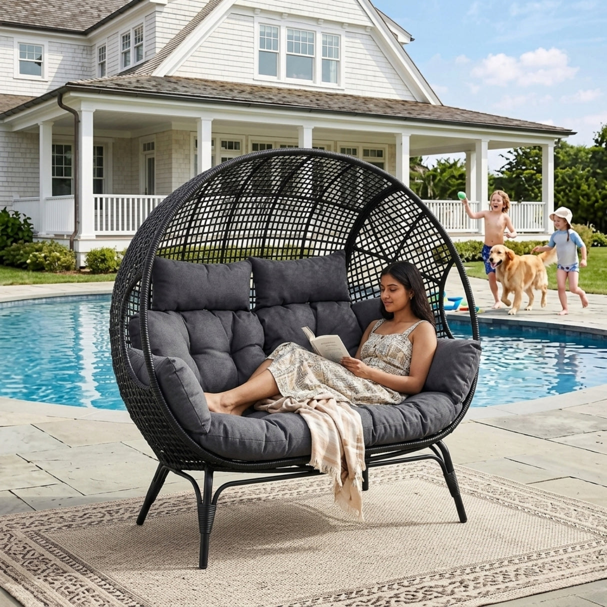 Outdoor Rattan Wicker Double Seater Egg Chair (Black & Dark Grey)